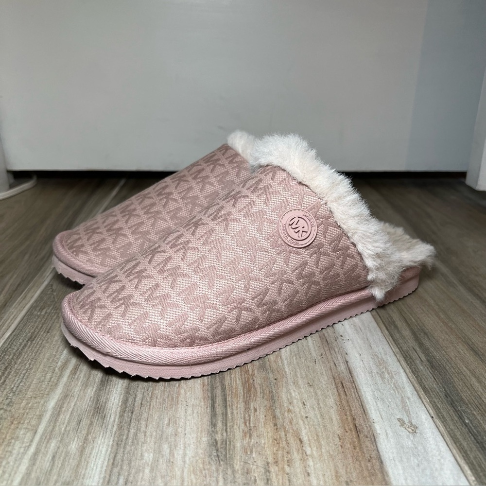 Michael Kors Janis Signature Logo Print, Faux Fur Lined Slippers, Pink, Womens 6
